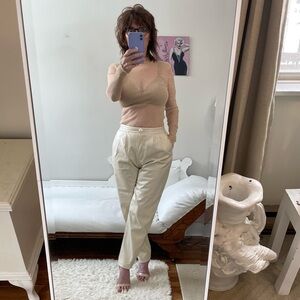 CREAM HIGH RISE FAUX LEATHER TROUSERS PRINCESS POLLY POCKETS PLEATS ZIPPER PANTS